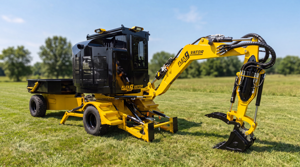 FlexGvator wheeled excavator with articulated arm and grapple bucket attachment — custom fabricated equipment in Liberty, KY